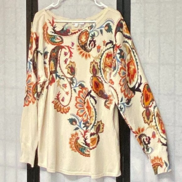 Chico’s Rust Green XL Knit Sweater Tee Long Sleeve Paisley Bateau Neck Pull Over - Picture 5 of 14